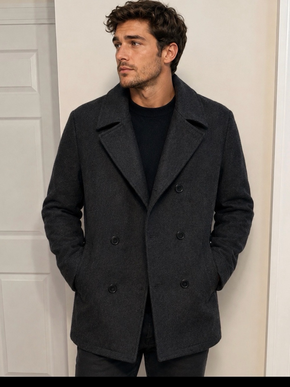 Structure Charcoal Double-Breasted Pea Coat